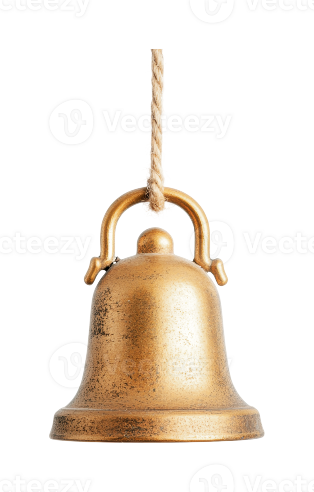 Vintage brass bell hanging from rope isolated, cut out png