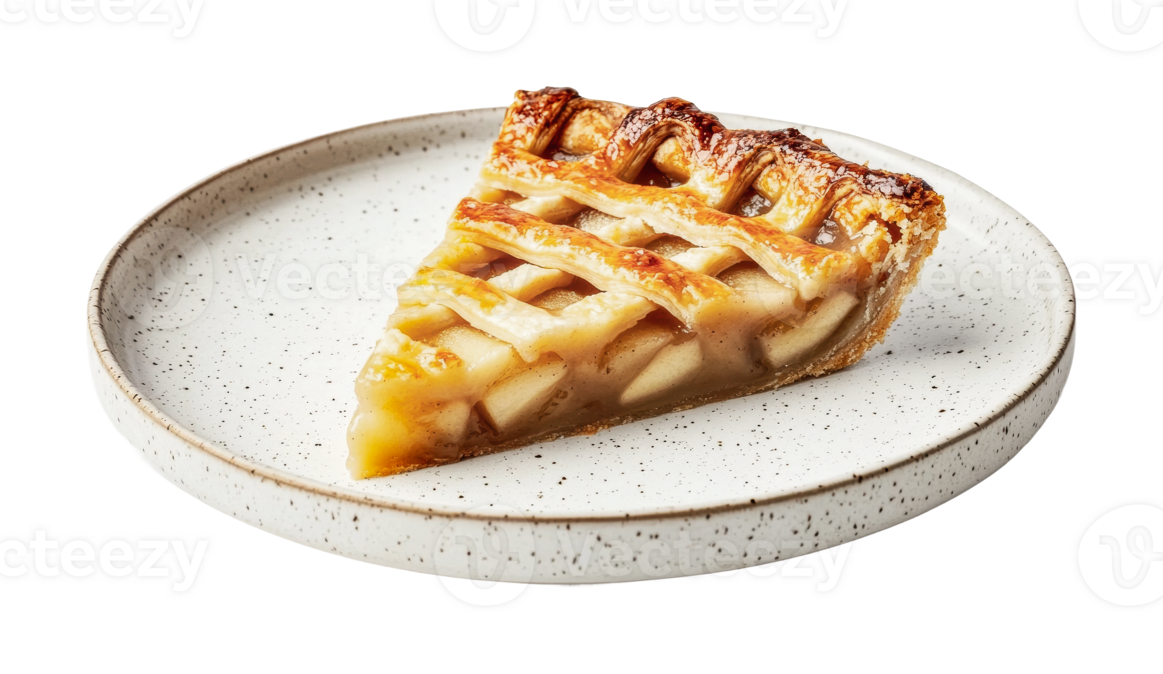 Slice of classic lattice-crust apple pie on ceramic plate, cut out png