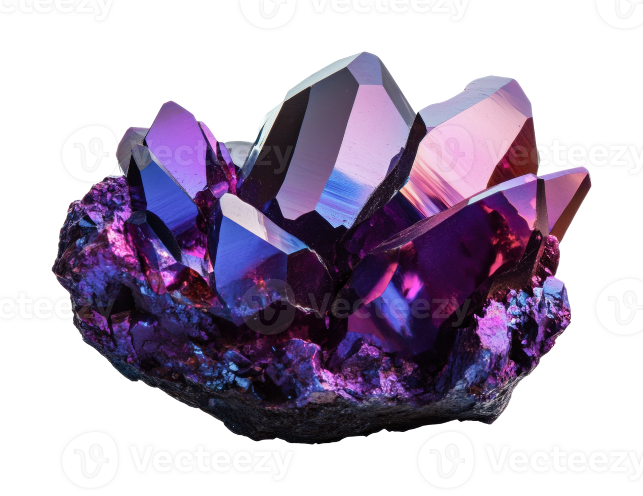 Vibrant amethyst geode cluster with iridescent purple and pink crystal points, cut out png