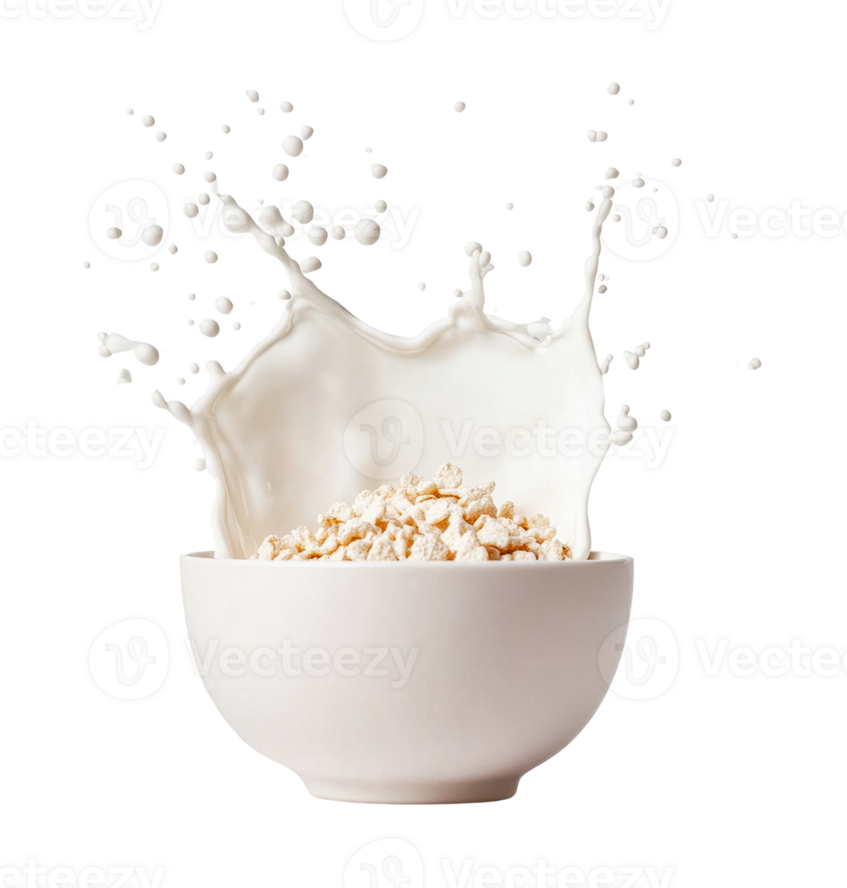 Milk splashing over cereal bowl capturing motion in breakfast scene, cut out png