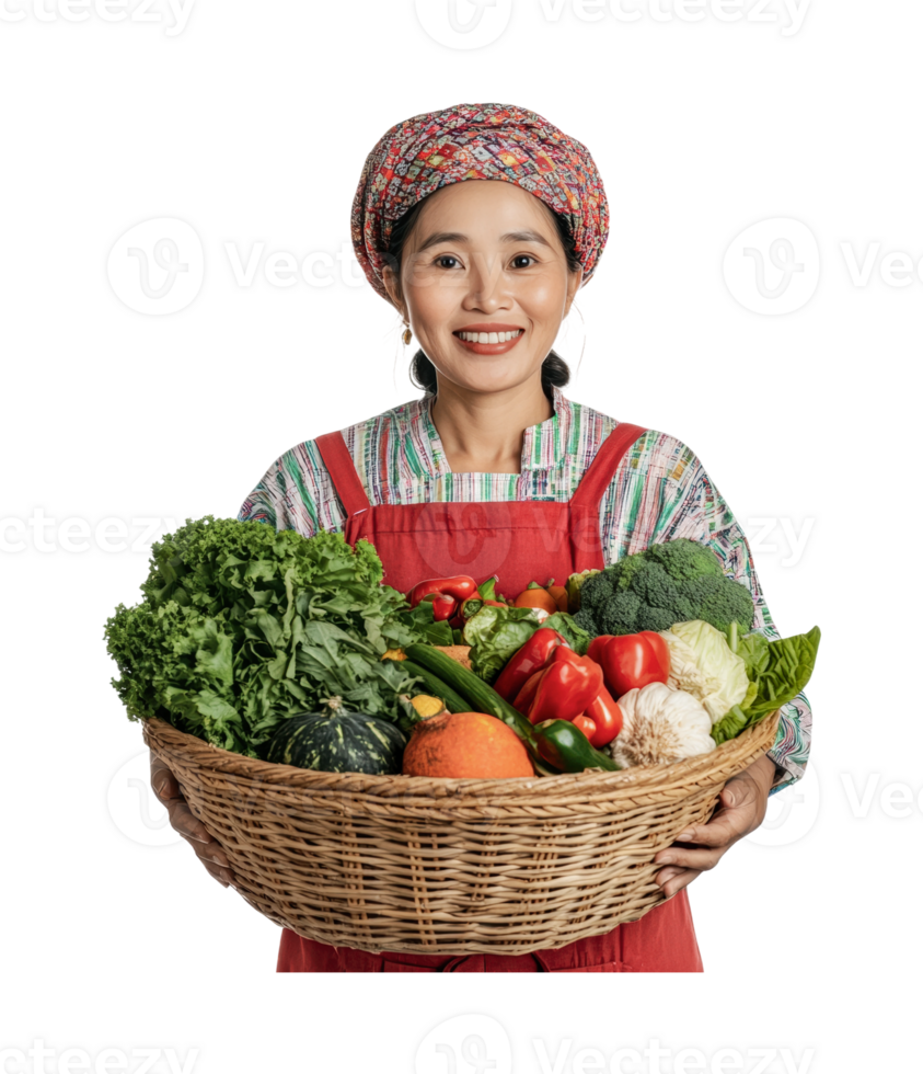 Asian female adult holding basket of fresh vegetables smiling, cut out png