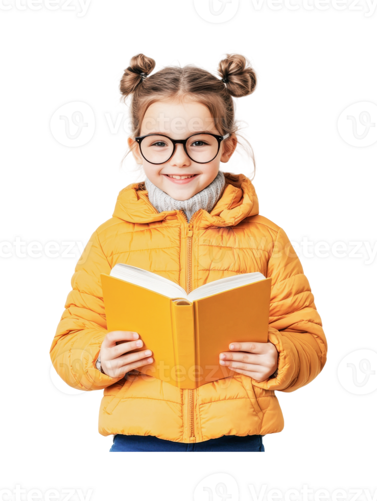 Caucasian young girl in yellow jacket reading a book with glasses, cut out png