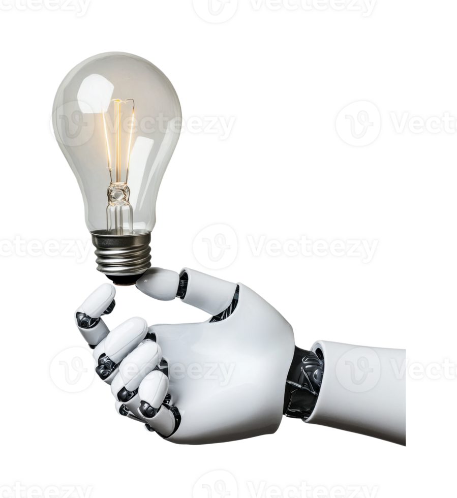 Robotic hand holding illuminated light bulb symbolizing innovation and technology, cut out png