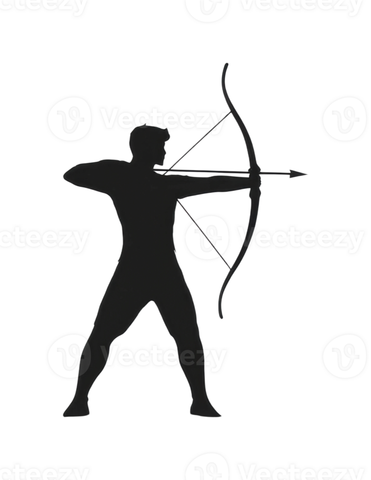 Silhouette of male archer drawing bow in profile view, cut out png