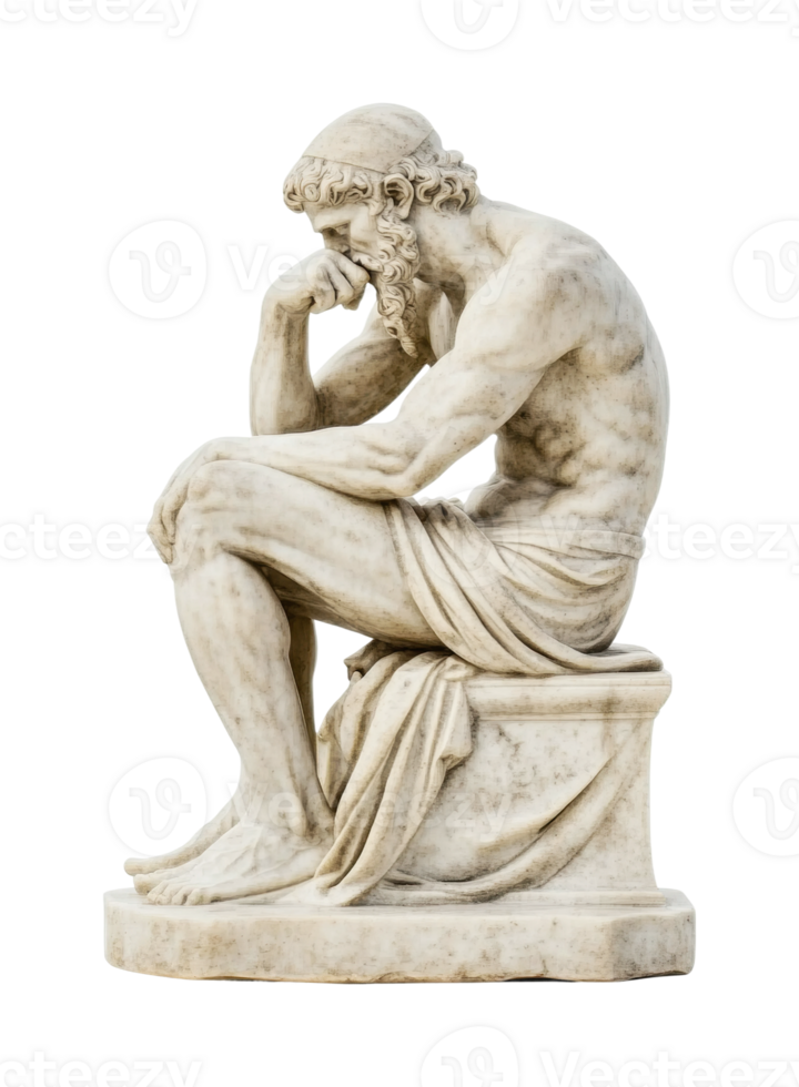 Caucasian male marble statue of a philosopher in a contemplative pose, cut out png