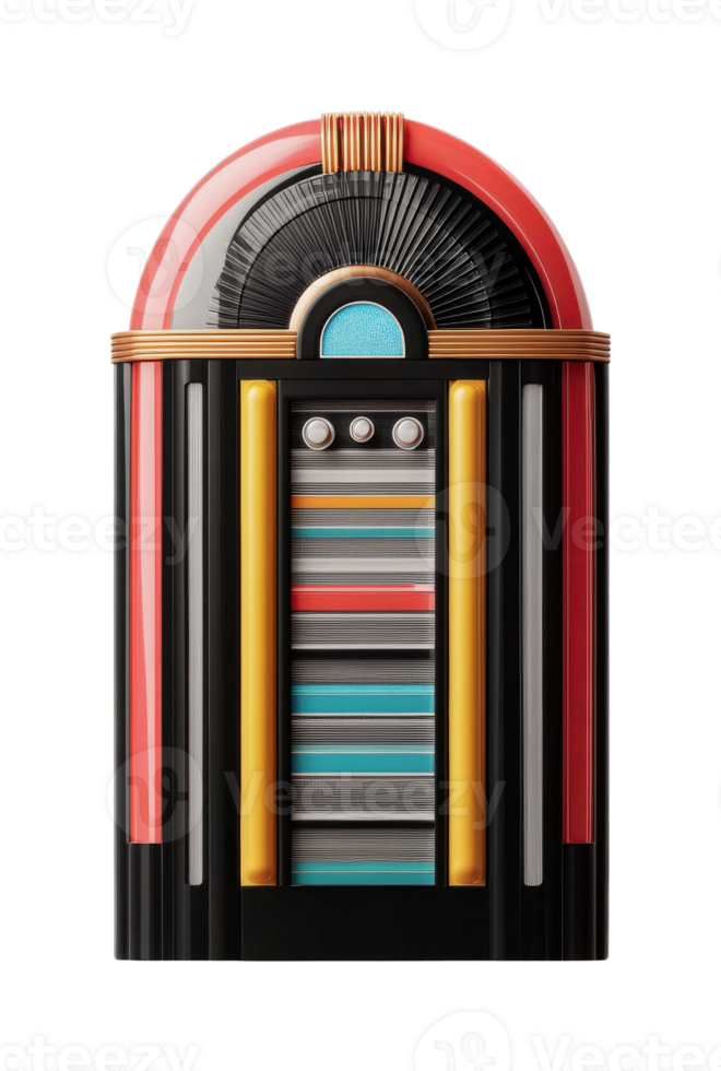 Retro colorful jukebox with bright lights and vibrant design, cut out png