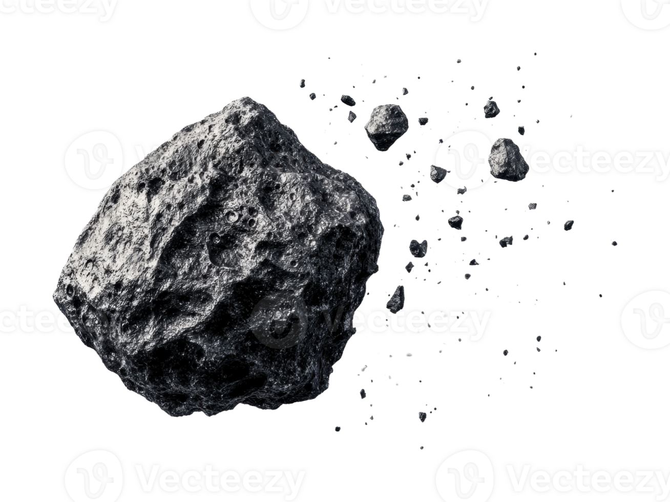 Large asteroid and debris in space, cut out png