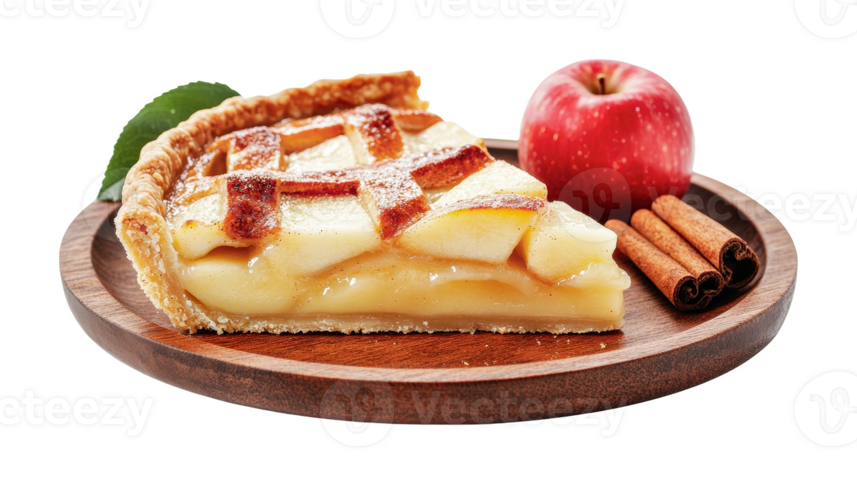 Delicious apple pie slice with cinnamon sticks and fresh apple on wooden plate, cut out png