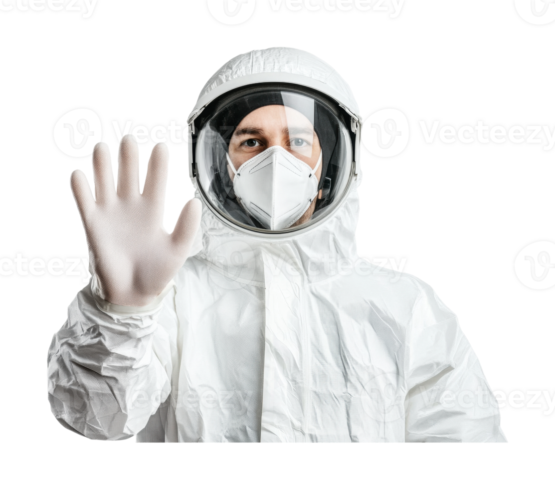 Male scientist in protective hazmat suit with mask and gloves, cut out png