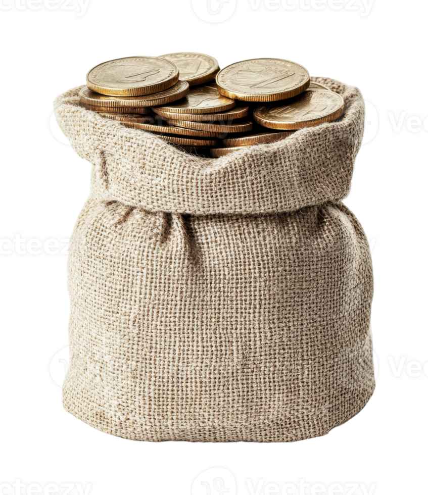 Bag of old coins overflowing from burlap sack, cut out png