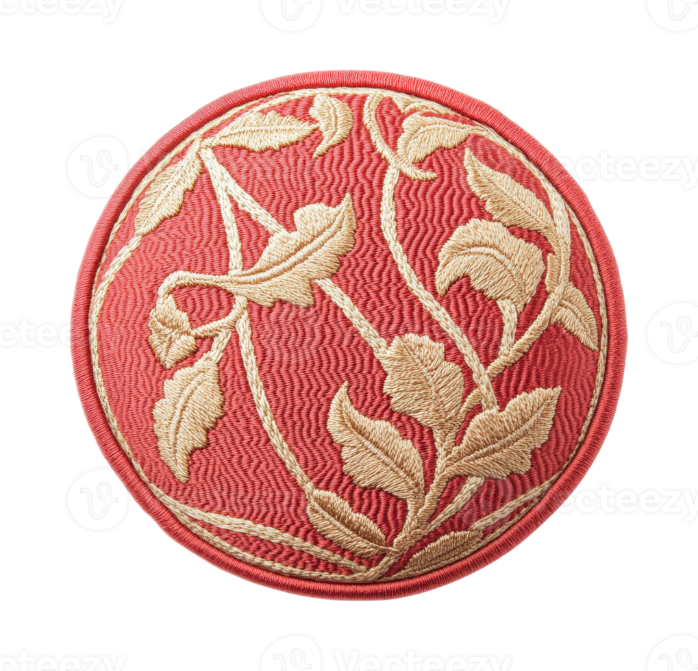 Ornate red embroidered floral patch with leaf design on black, cut out png