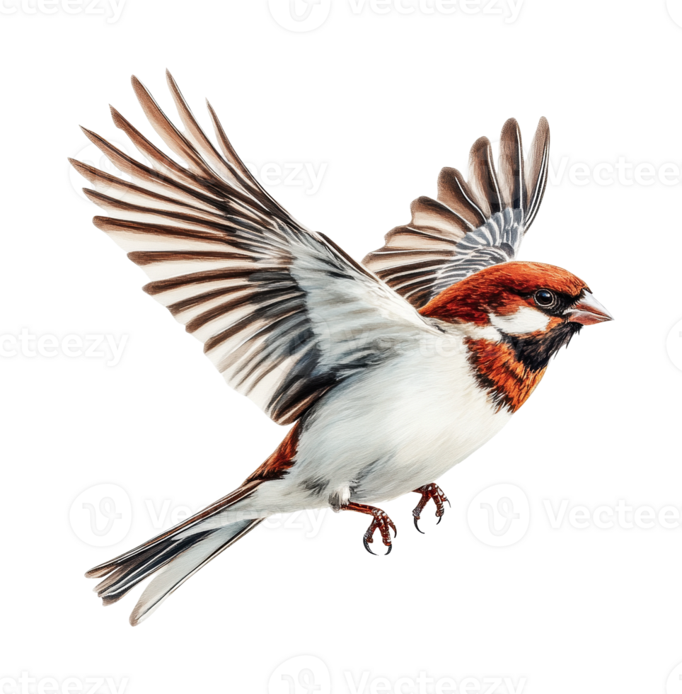 Detailed image of a sparrow in flight displaying its wingspan and feathers, cut out png