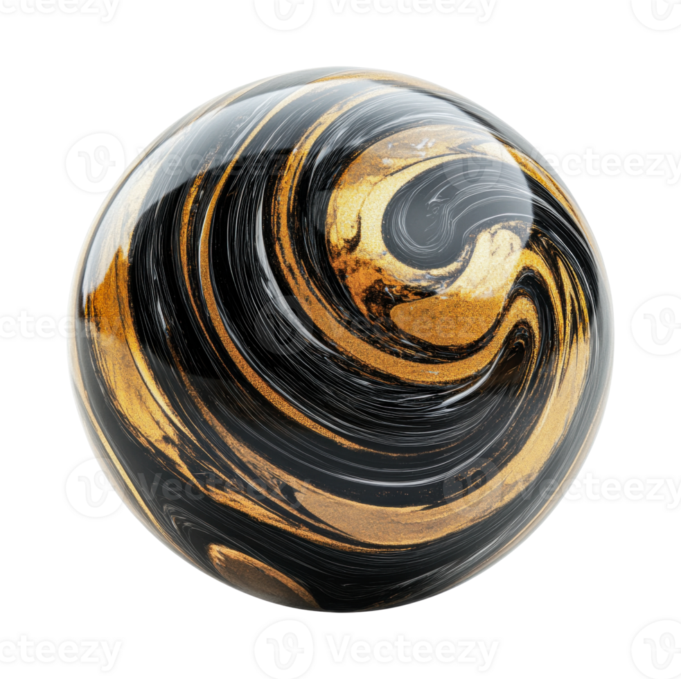 Abstract golden swirl sphere with black background and reflective surface, cut out png
