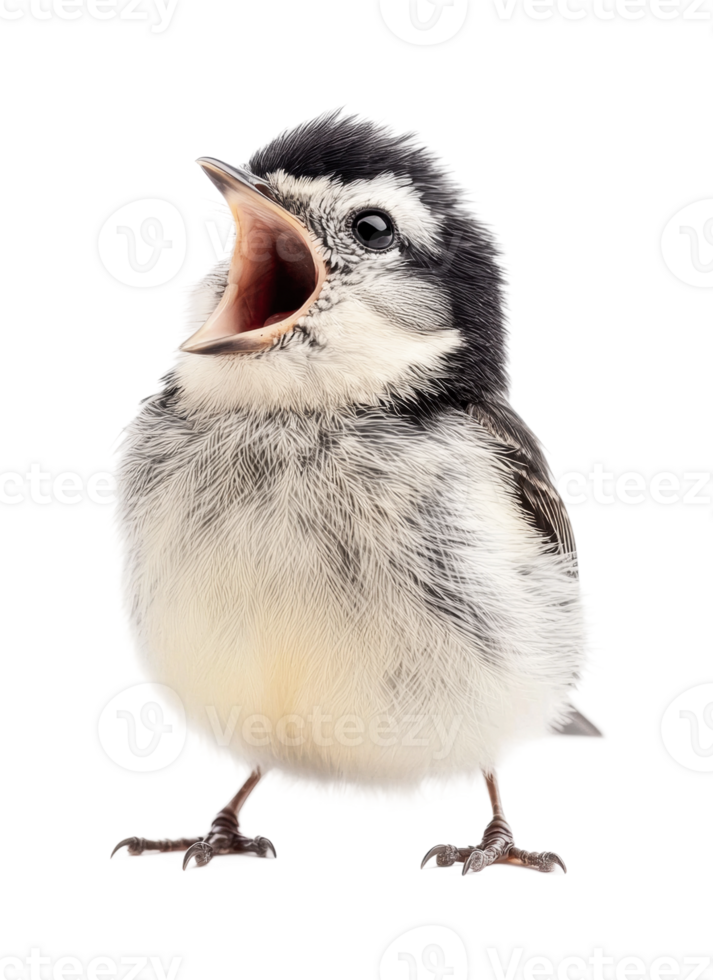 Young black and white chickadee singing with open beak, cut out png