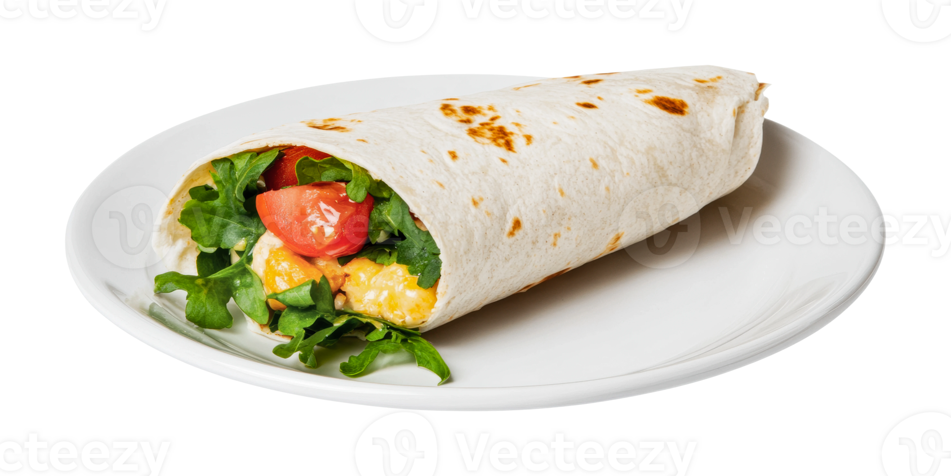 Fresh vegetable wrap with lettuce and tomato on a plate, cut out png