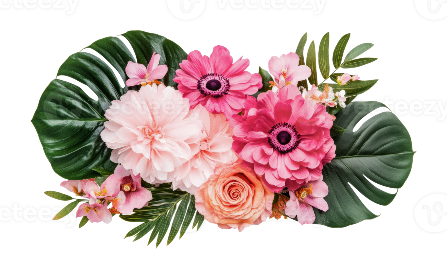 Vibrant pink floral arrangement with exotic leaves and roses, cut out png