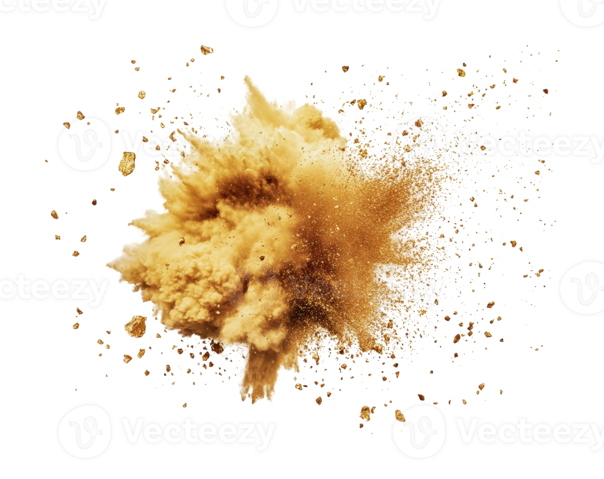 Dynamic explosion of golden particles in motion, cut out png