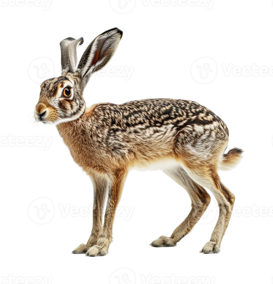 Realistic brown hare with alert expression against black background, cut out png