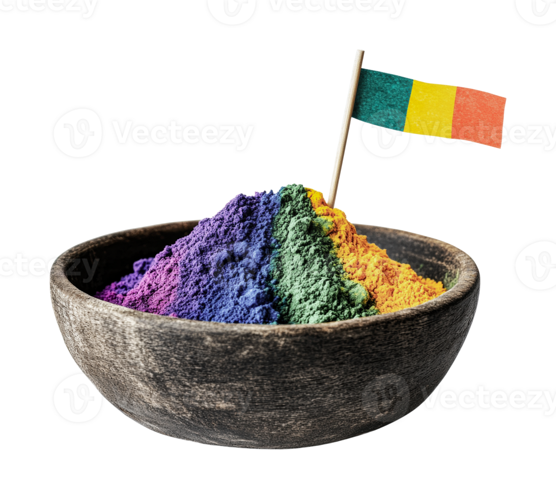 Colorful bowl of holi powder with flag, cut out png