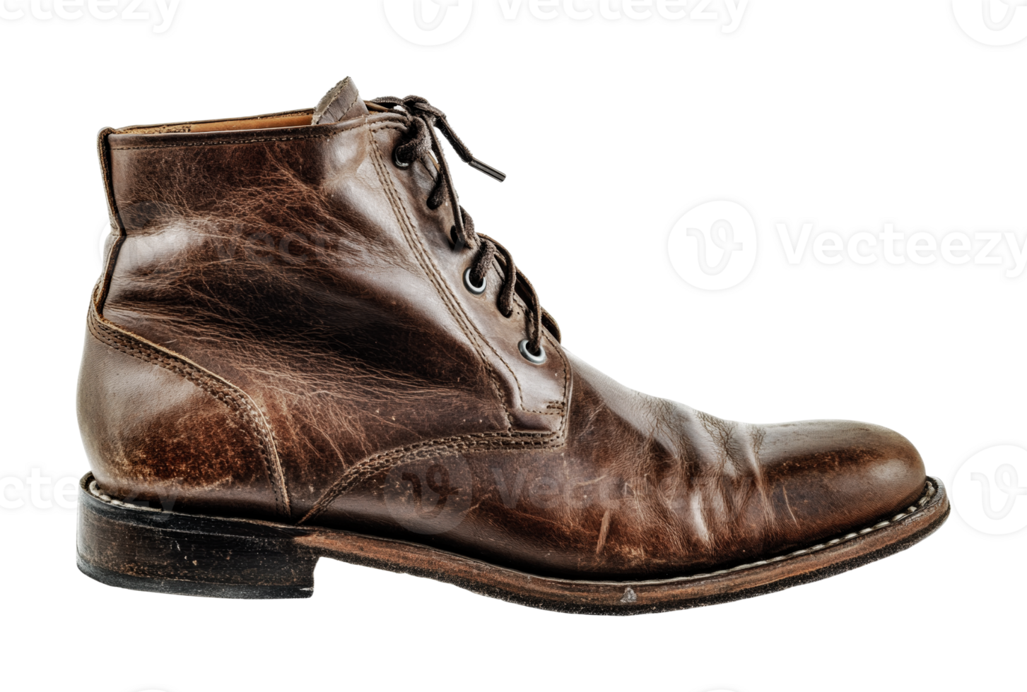 Worn brown leather boot with laces and distressed texture, cut out png
