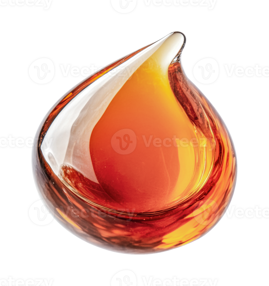 Elegant glass teardrop with amber and clear swirls in artistic design, cut out png