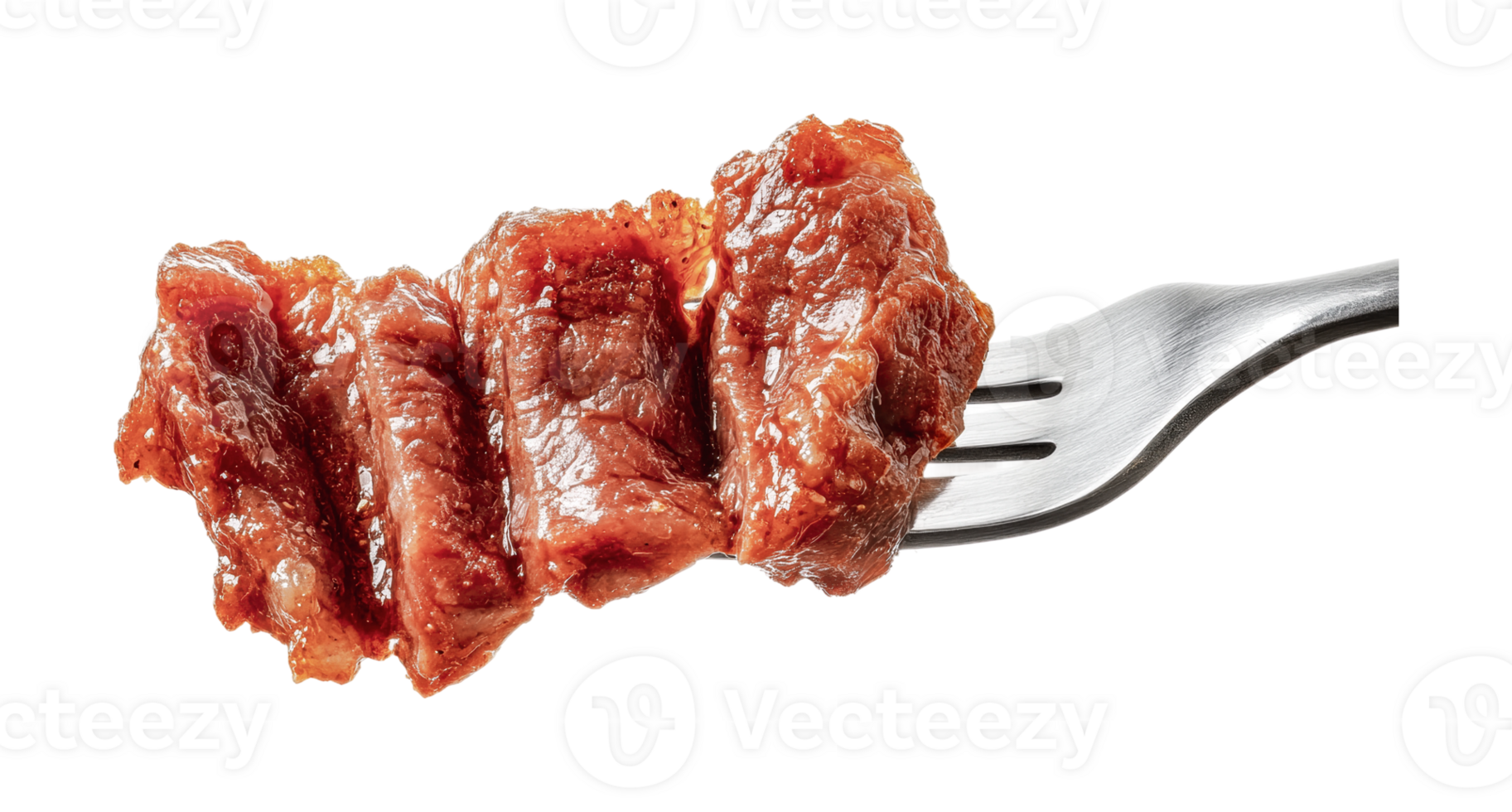 Juicy cooked beef on a fork against black background, cut out png