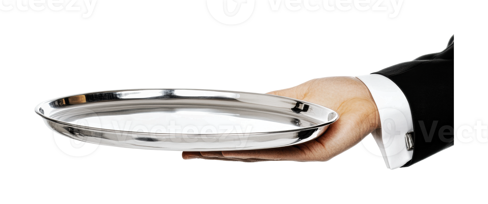 Hand presenting silver tray in formal attire, cut out png