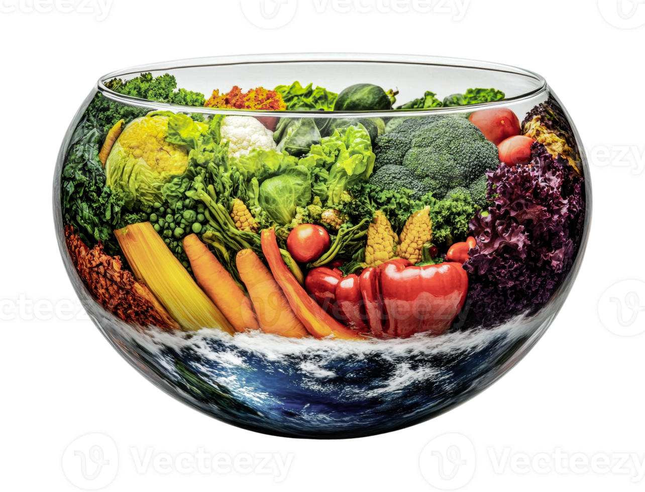 Vibrant array of fresh vegetables in glass bowl showcasing natural diversity and colors, cut out png