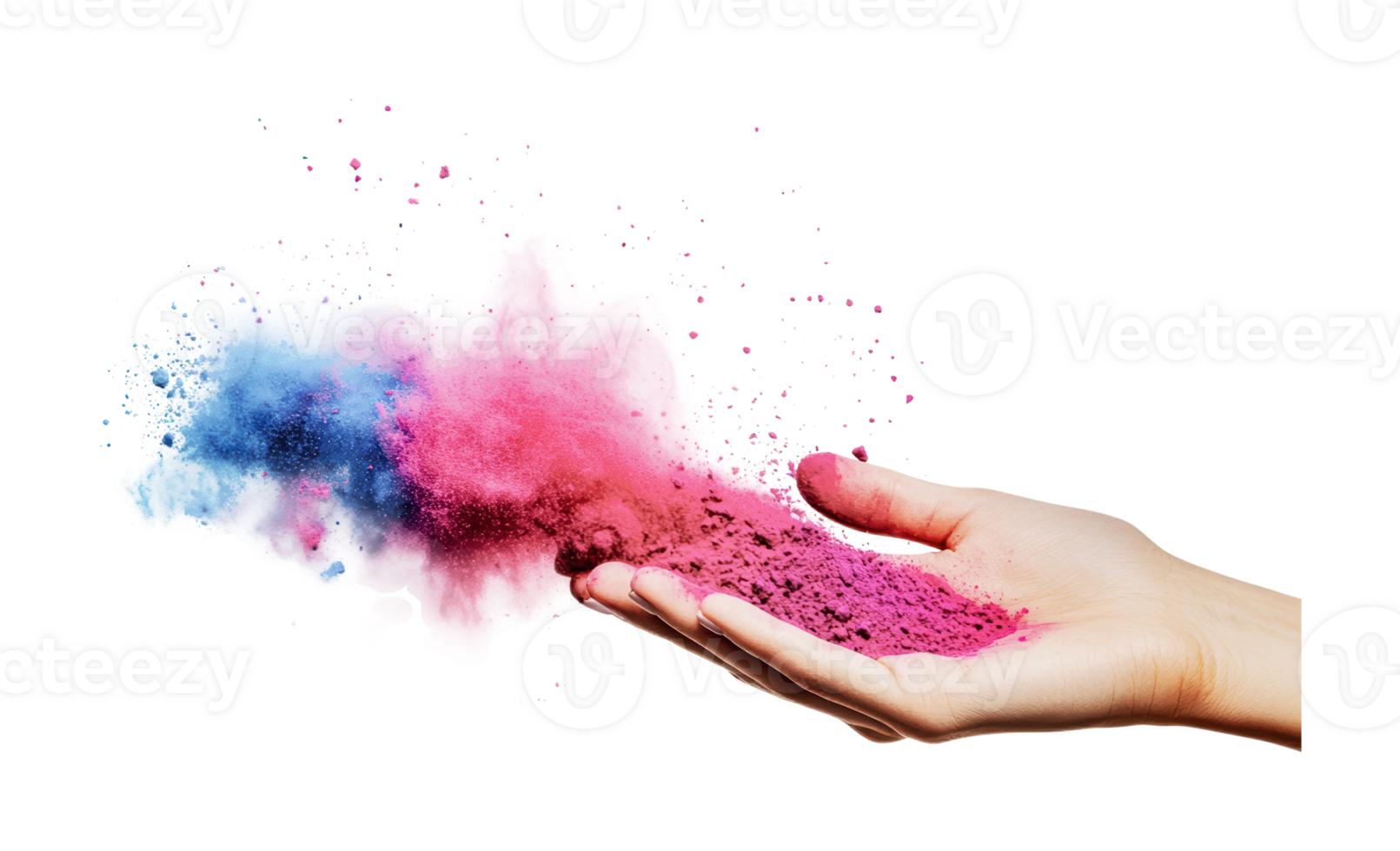 Hand releasing vibrant pink and blue powder in motion against black background, cut out png