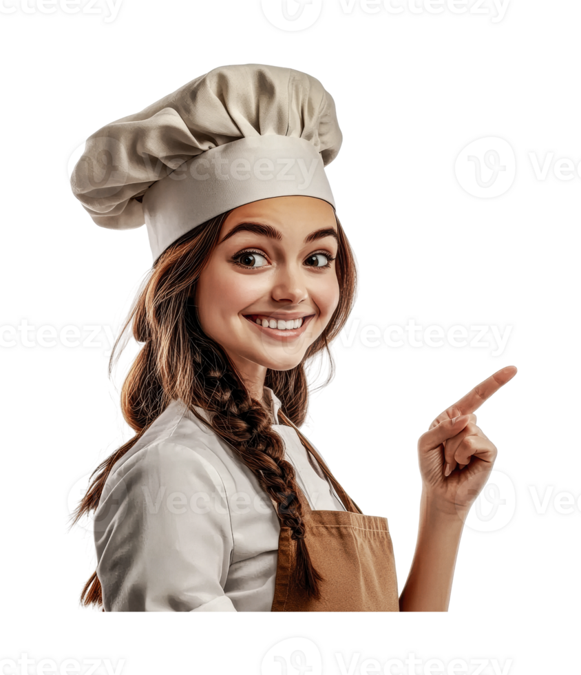 Smiling young caucasian female chef pointing in chef hat and apron, cut out png