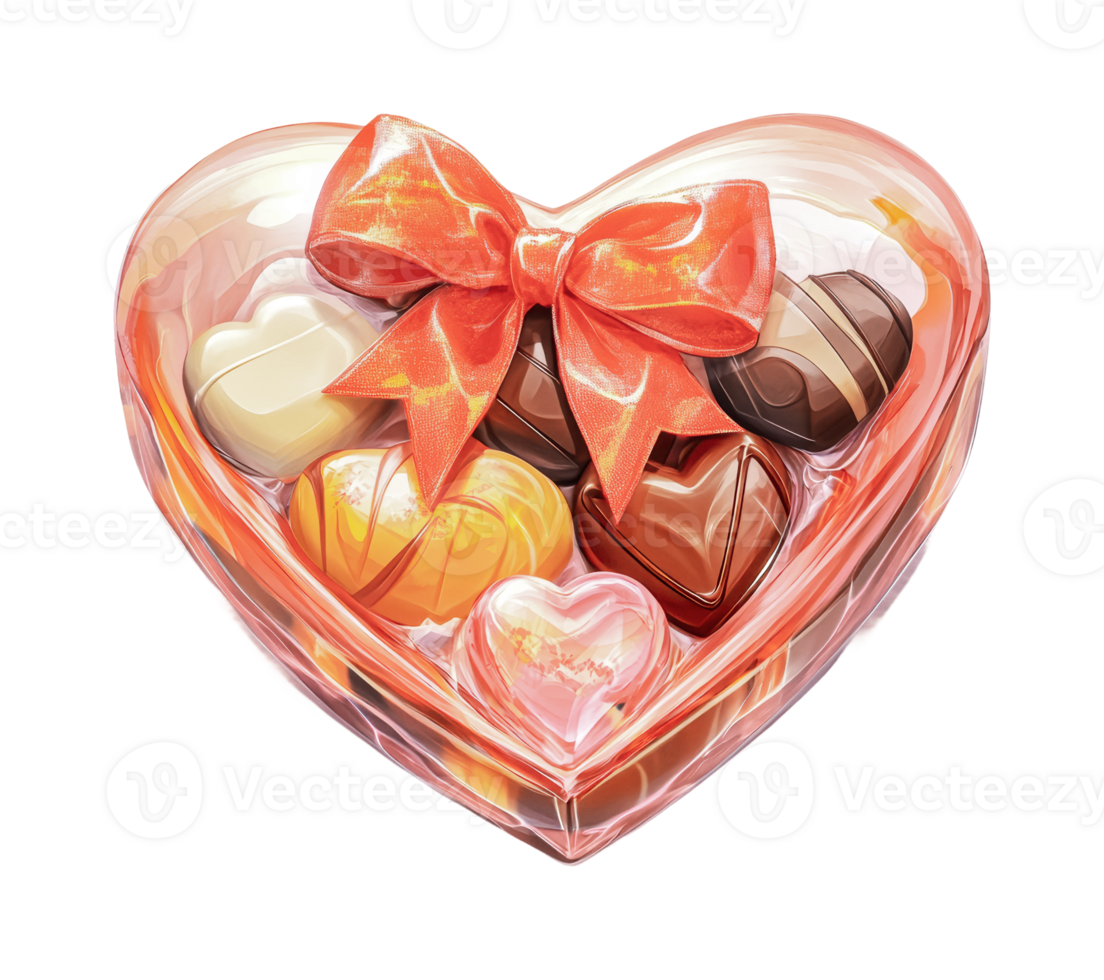 Heart-shaped box of assorted chocolates with red bow, cut out png