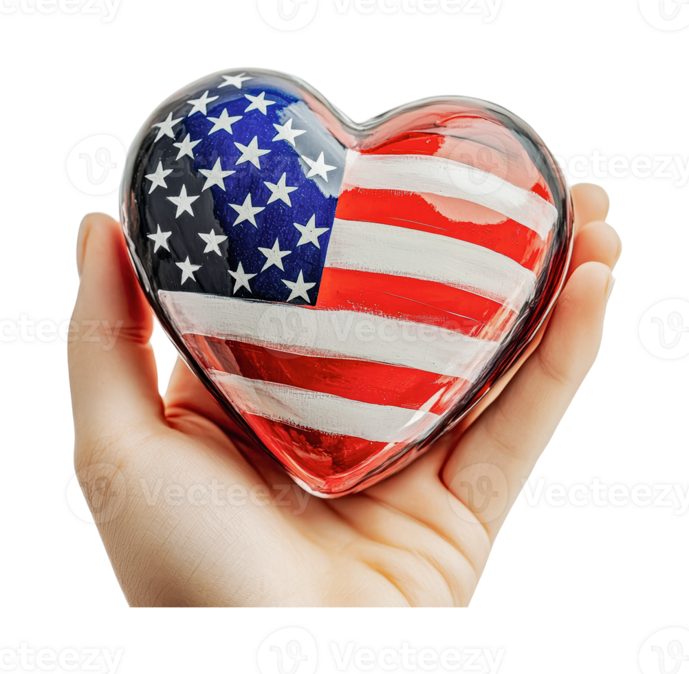 Heart-shaped glass ornament with american flag held by caucasian hand, cut out png