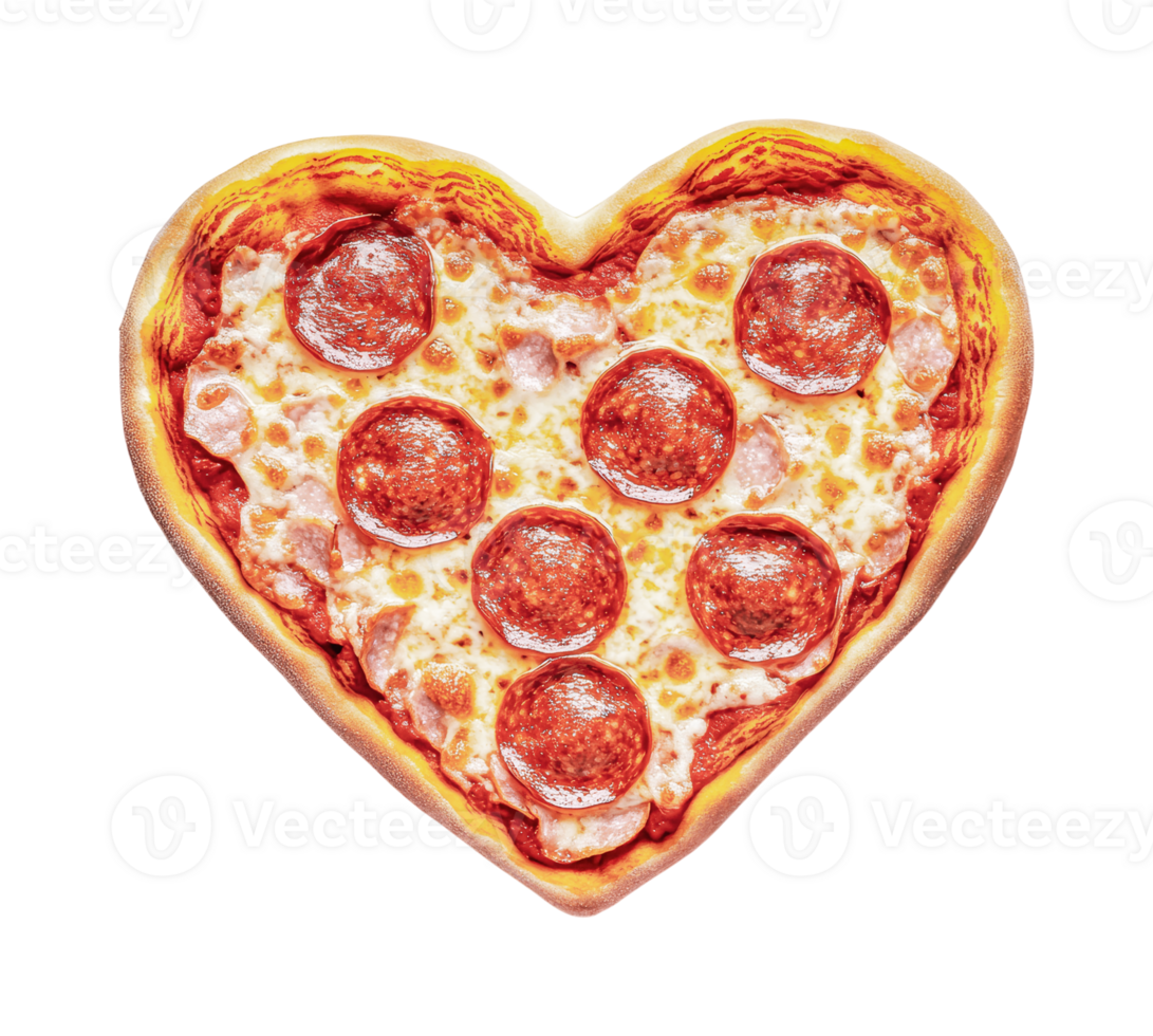 Heart-shaped pepperoni pizza with cheese and tomato sauce, cut out png