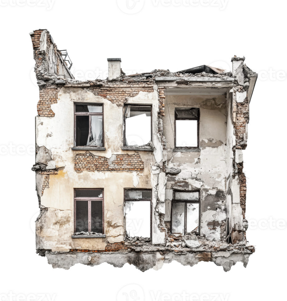 Partially demolished building with exposed brick and damaged structure, cut out png