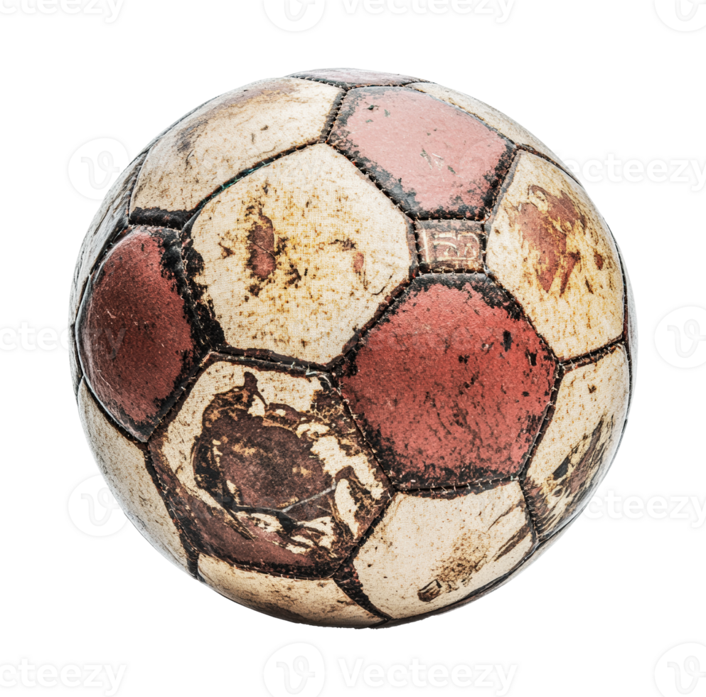 Worn vintage soccer ball with red and white hexagons, cut out png