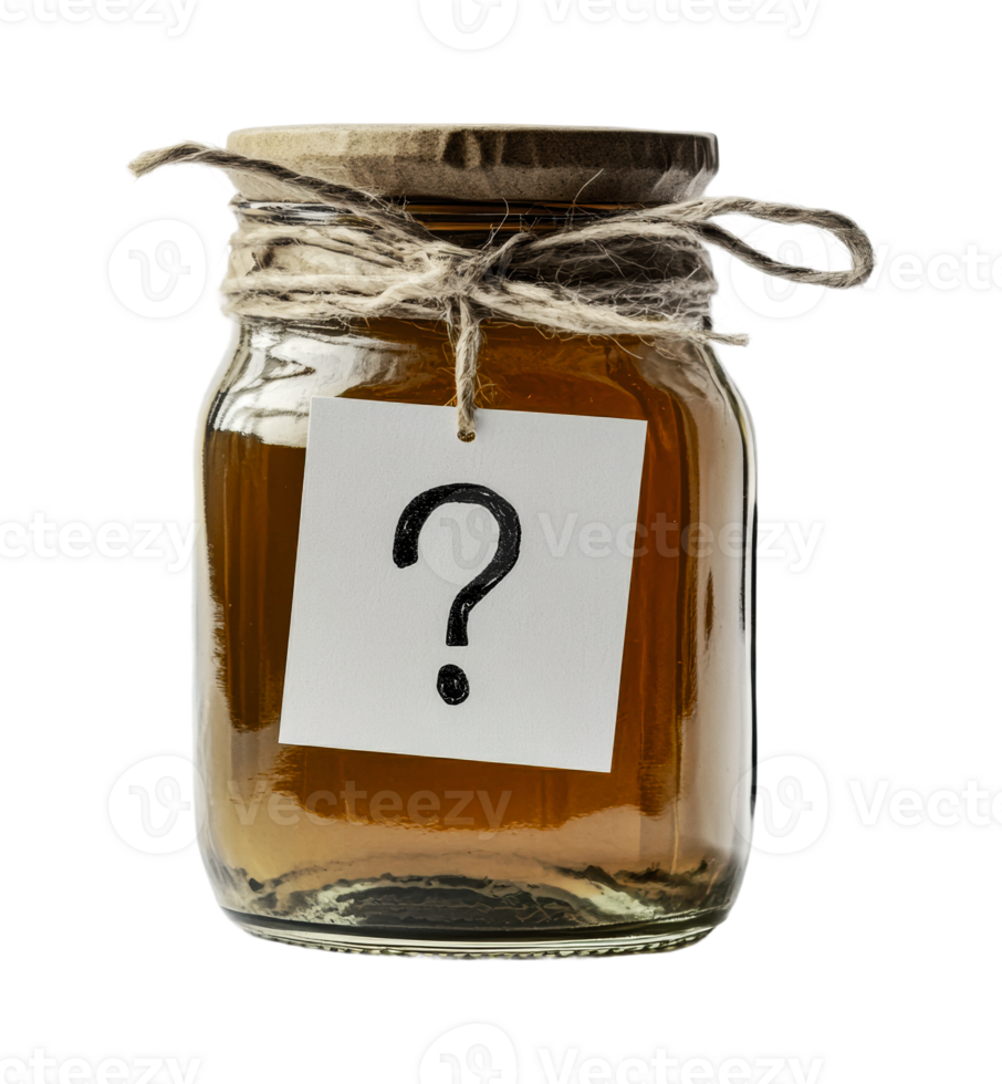 Mystery jar with question mark label and rustic twine on lid, cut out png