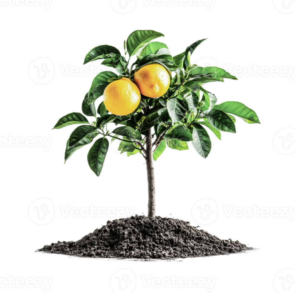 Vibrant orange tree with leaves and fruit on fresh soil, cut out png