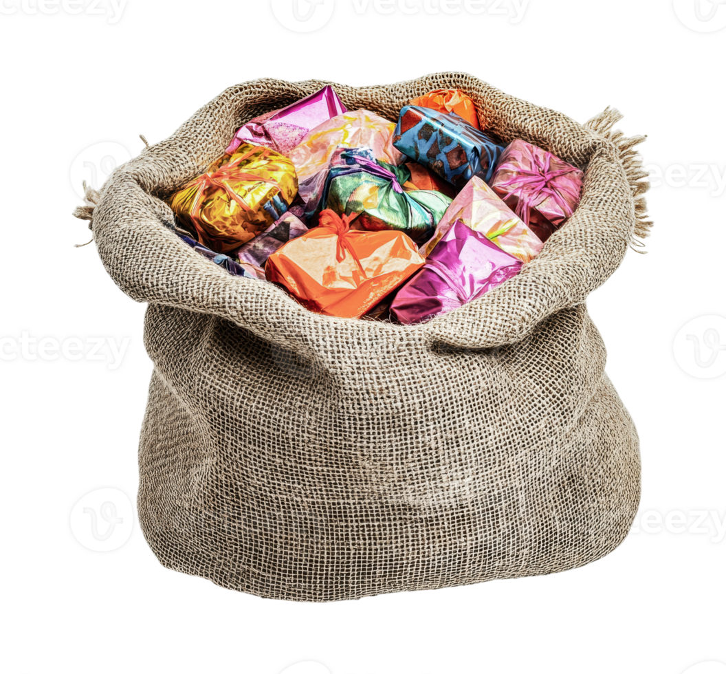 Burlap sack filled with colorful wrapped gifts isolated, cut out png