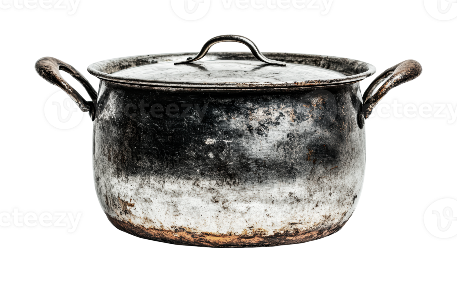 Vintage rustic metal pot with handles and lid, cut out png