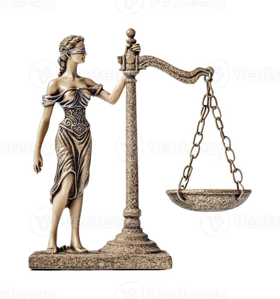 Blindfolded lady justice statue with scales in stone finish, cut out png