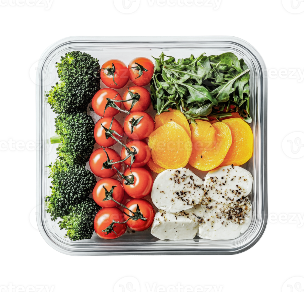 Healthy meal prep box with broccoli, cherry tomatoes, spinach, peaches, and mozzarella, cut out png