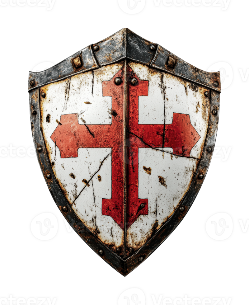 Medieval shield with red cross emblem on metal surface, cut out png