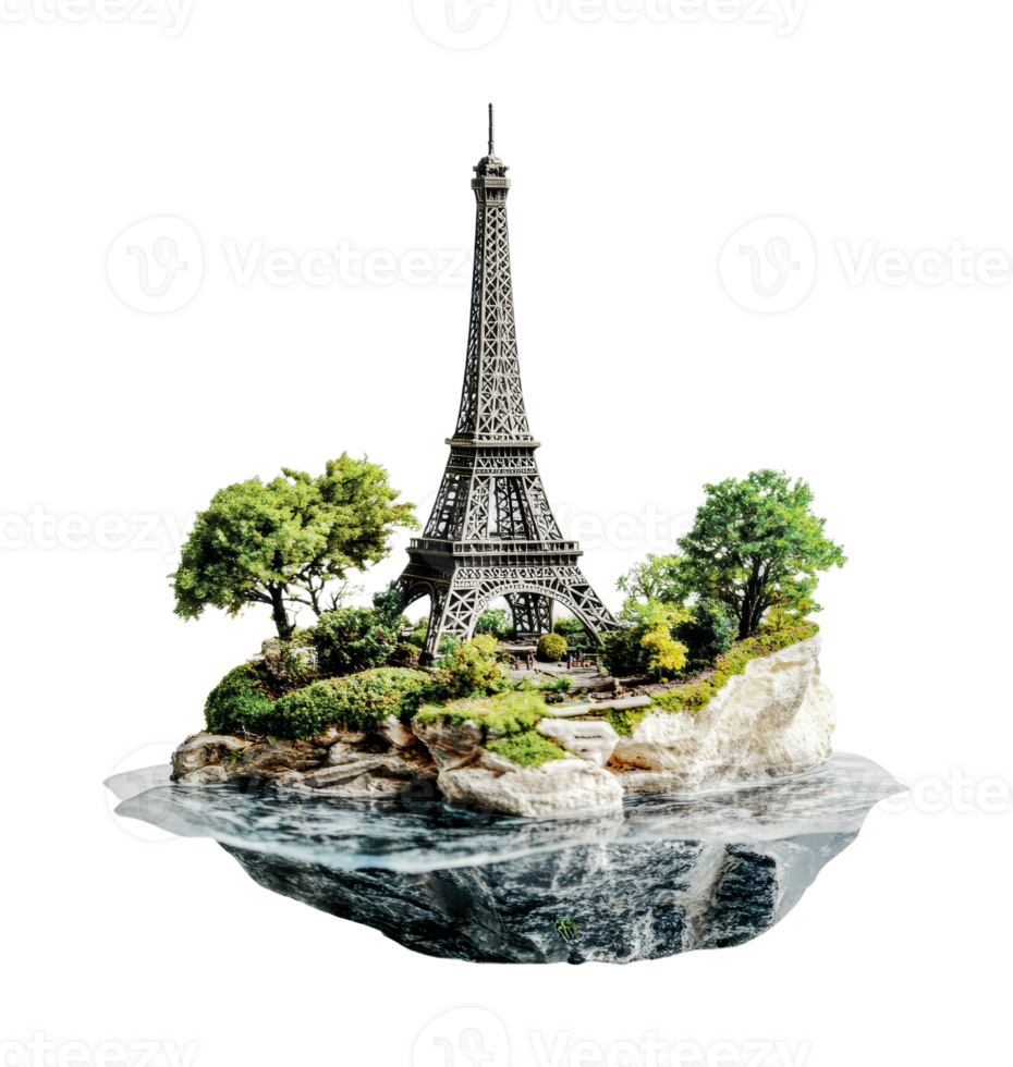 Floating miniature eiffel tower and lush island landscape, cut out png