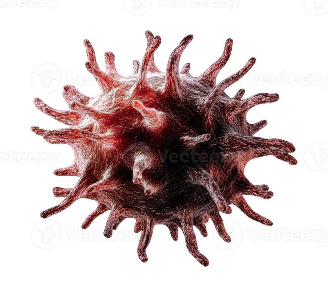 Detailed visualization of a microscopic virus with spiky surface structure, cut out png