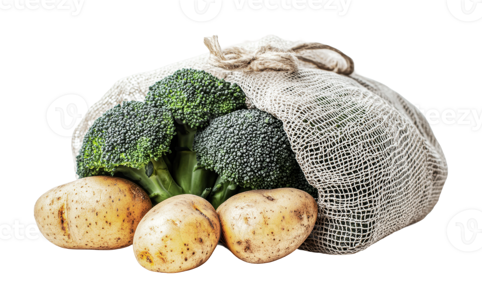 Eco-friendly produce bag with fresh broccoli and potatoes, cut out png