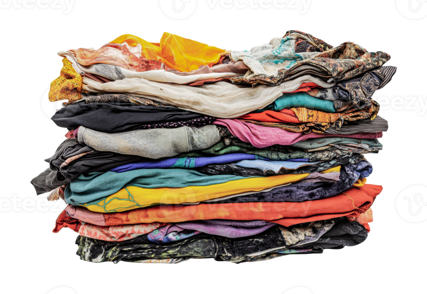 Colorful pile of assorted clothes with diverse textures and patterns, cut out png