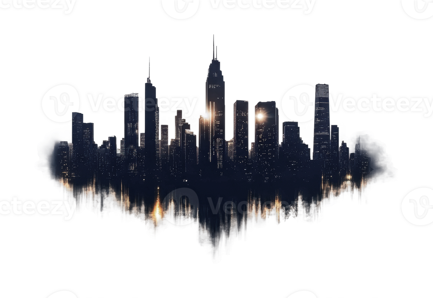 Reflective urban skyline at night with illuminated skyscrapers and water reflection, cut out png