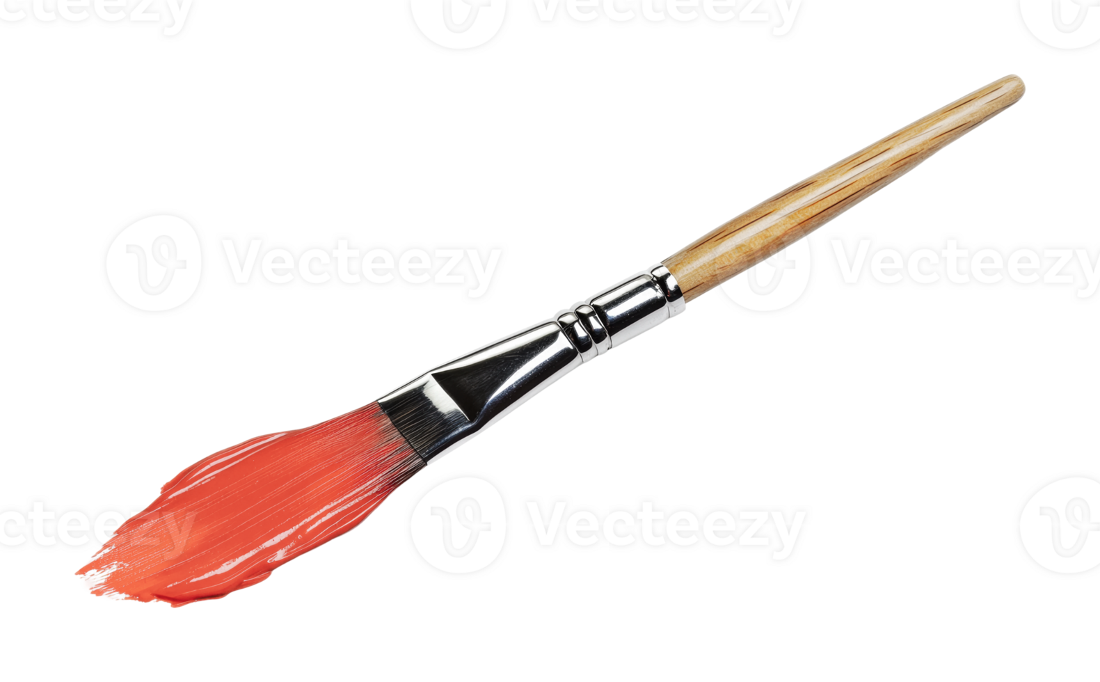 Wooden handle paintbrush with red paint stroke on bristles, cut out png