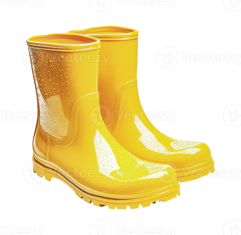 Shiny yellow rain boots with water droplets highlighting durable rubber material, cut out png