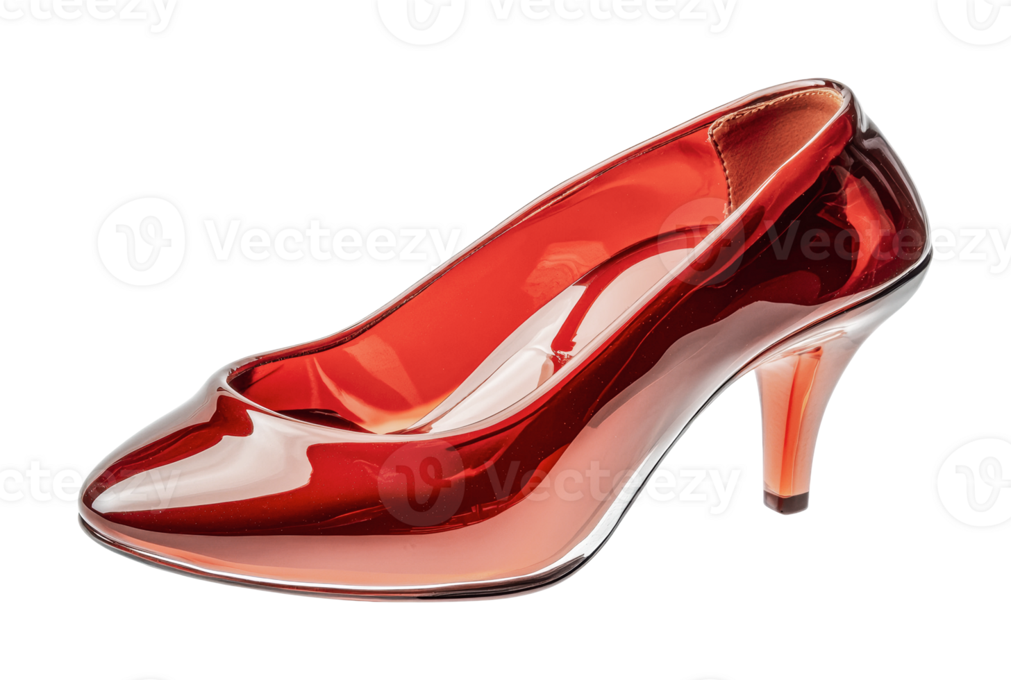 Elegant transparent red high heel shoe with glossy finish, cut out png